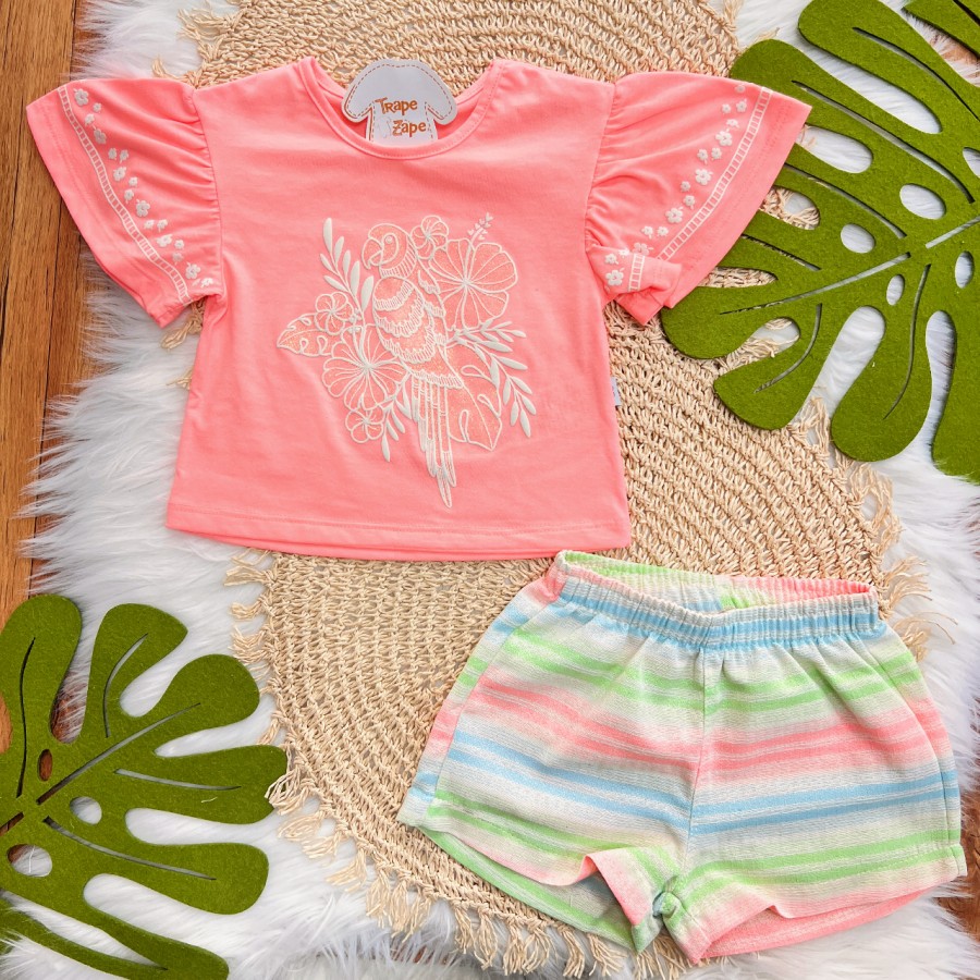 Conj. Blusa Arara e Short Colorido - Rosa Neon